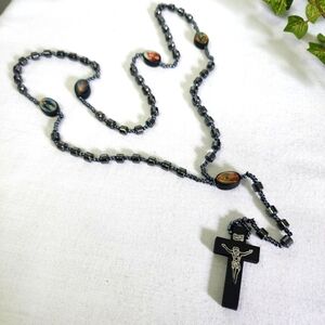 Black Hematite Rosary with Saints and Cross New